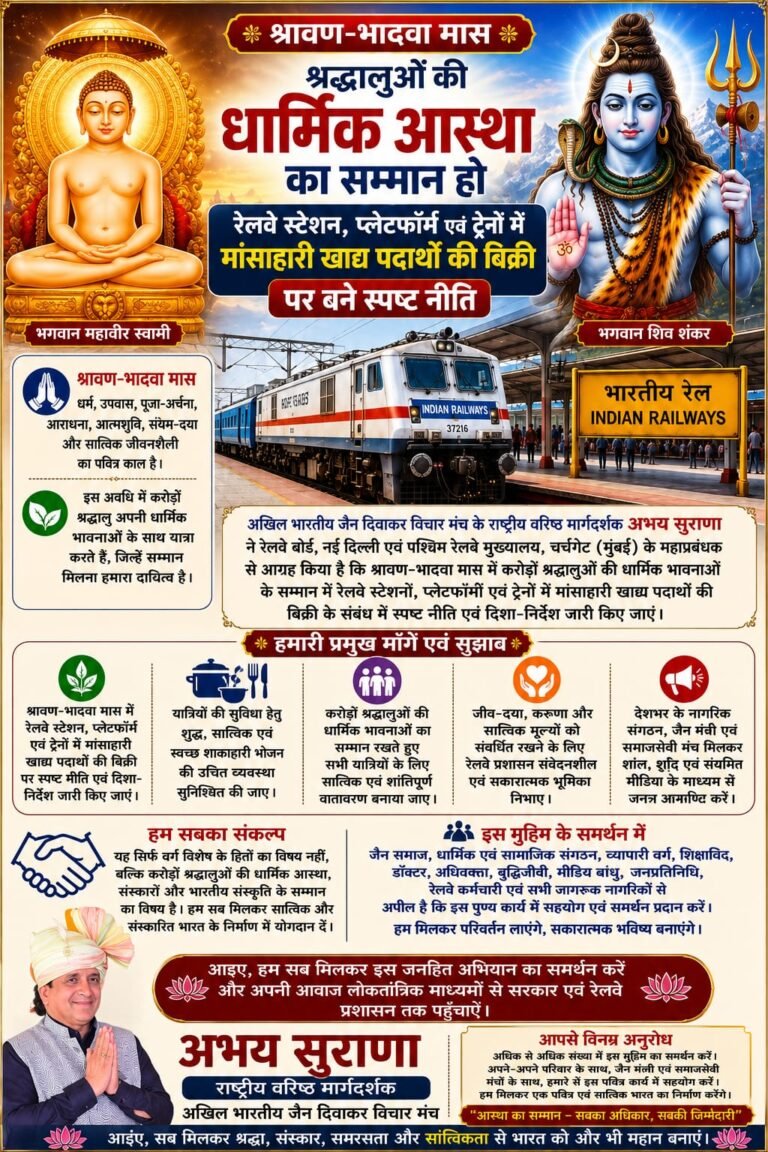 श्रावण एवं भादवा मास में श्रद्धालुओं की धार्मिक आस्था का सम्मान हो, रेलवे स्टेशन, प्लेटफॉर्म एवं ट्रेनों में मांसाहार बिक्री पर बने स्पष्ट नीति — अभय सुराणा